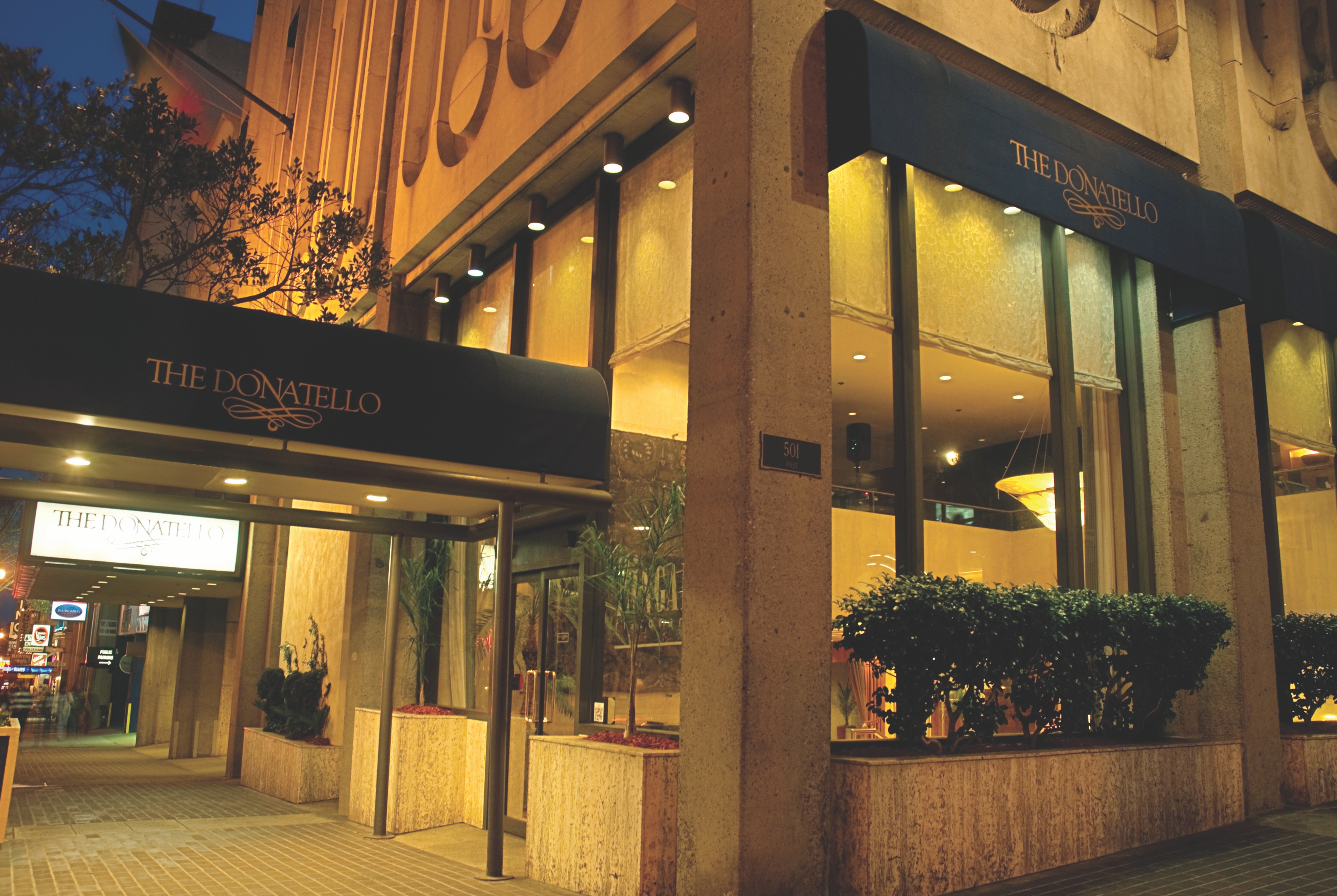 Exterior Night Image of The Donatello hotel in San Francisco, California