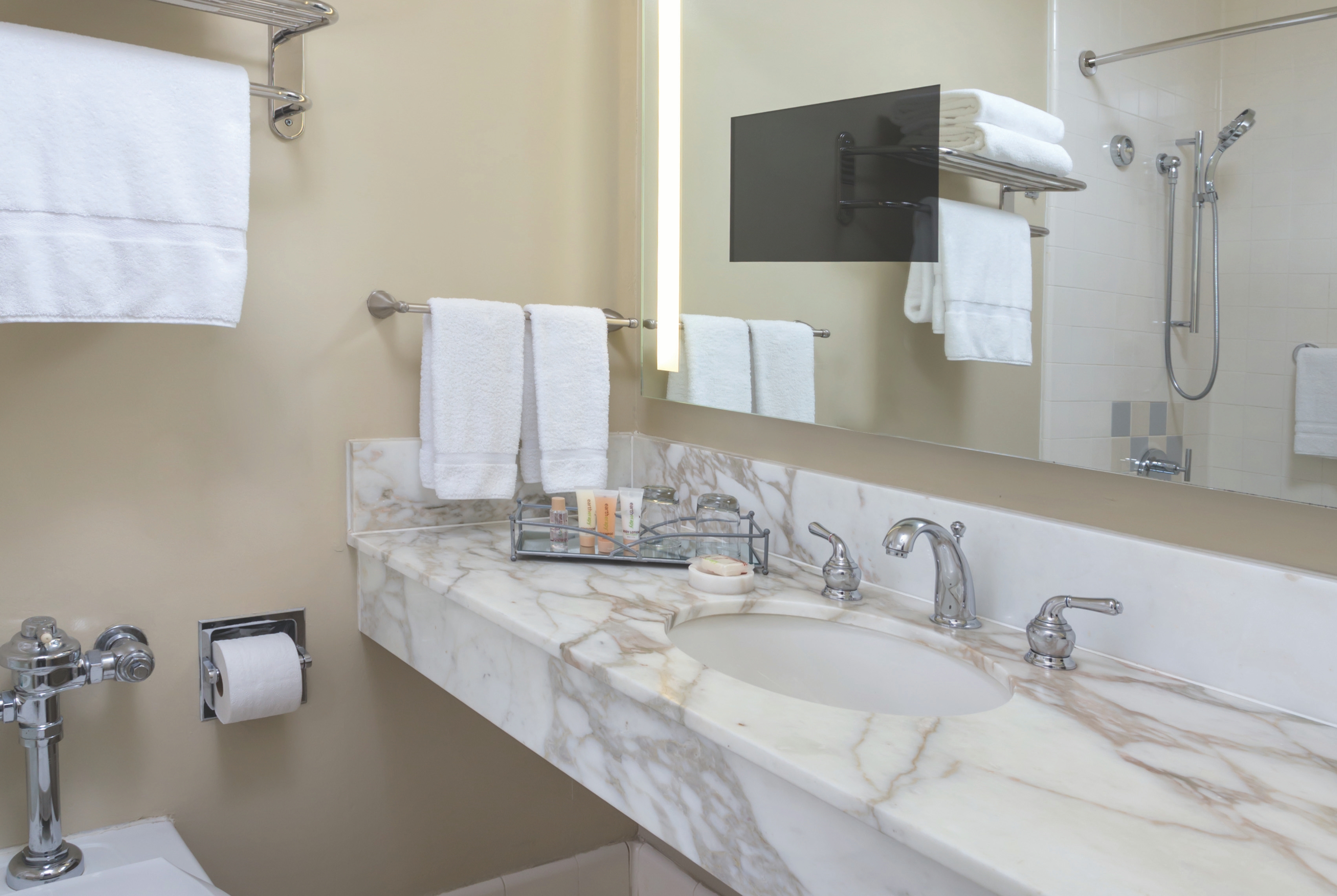 Guest room bath at the The Donatello in San Francisco, California