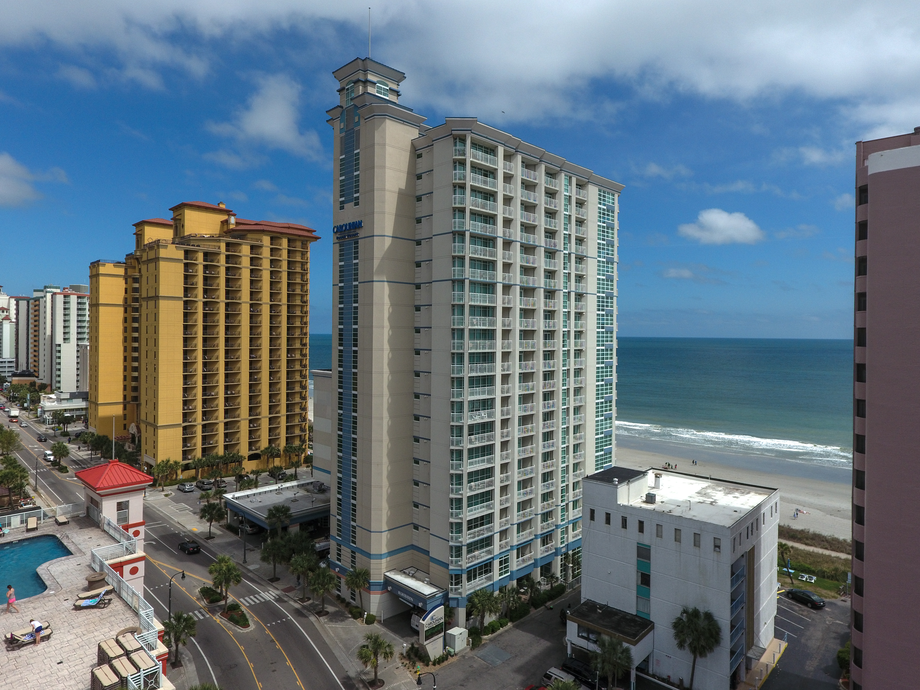 Exterior of Carolinian Beach Resort by Oceana hotel in Myrtle Beach, South Carolina