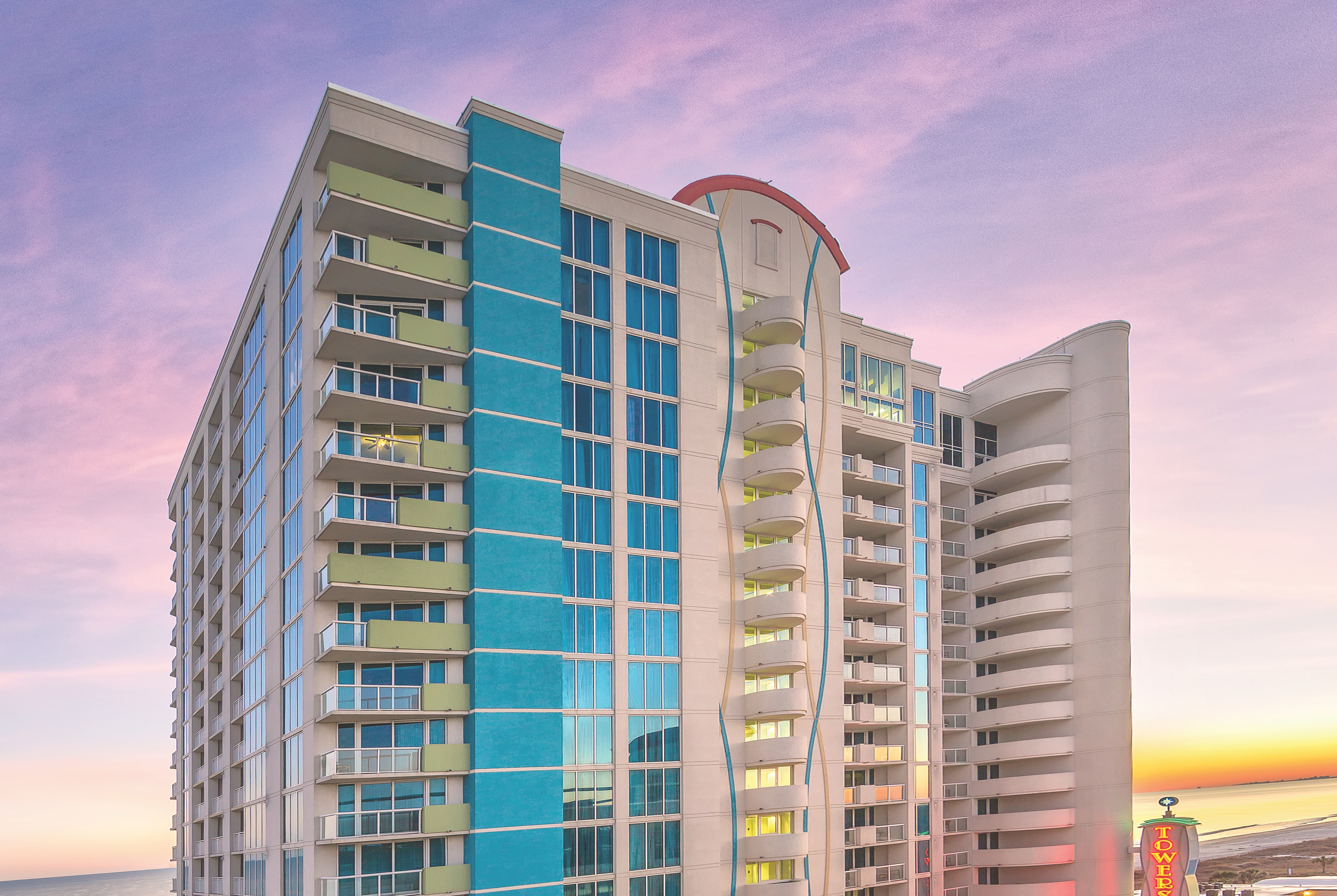 Exterior of Club Wyndham Towers on the Grove at North Myrtle hotel in North Myrtle Beach, South Carolina