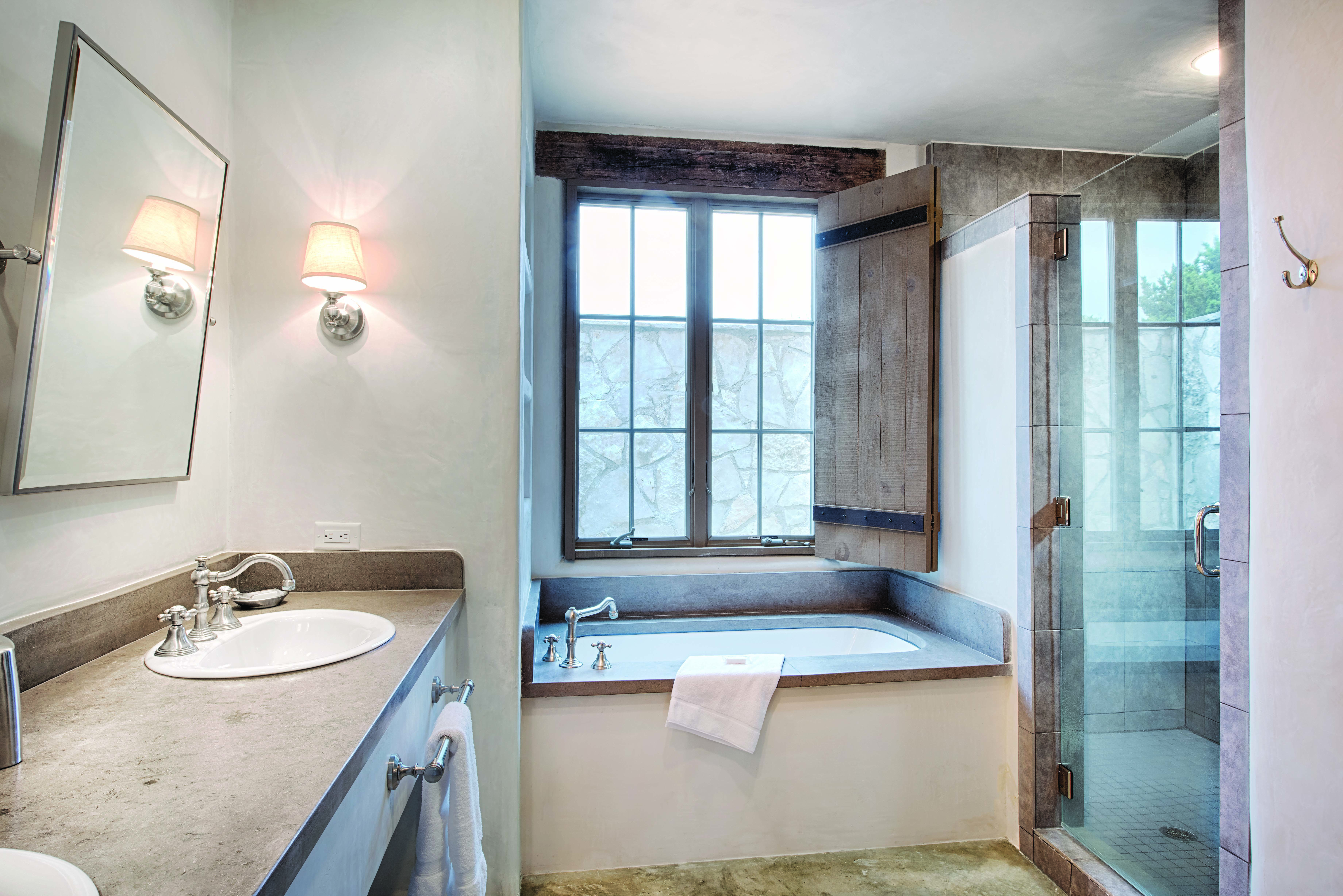 Guest room bath at the WorldMark Hunt - Stablewood Springs Resort in Hunt, Texas
