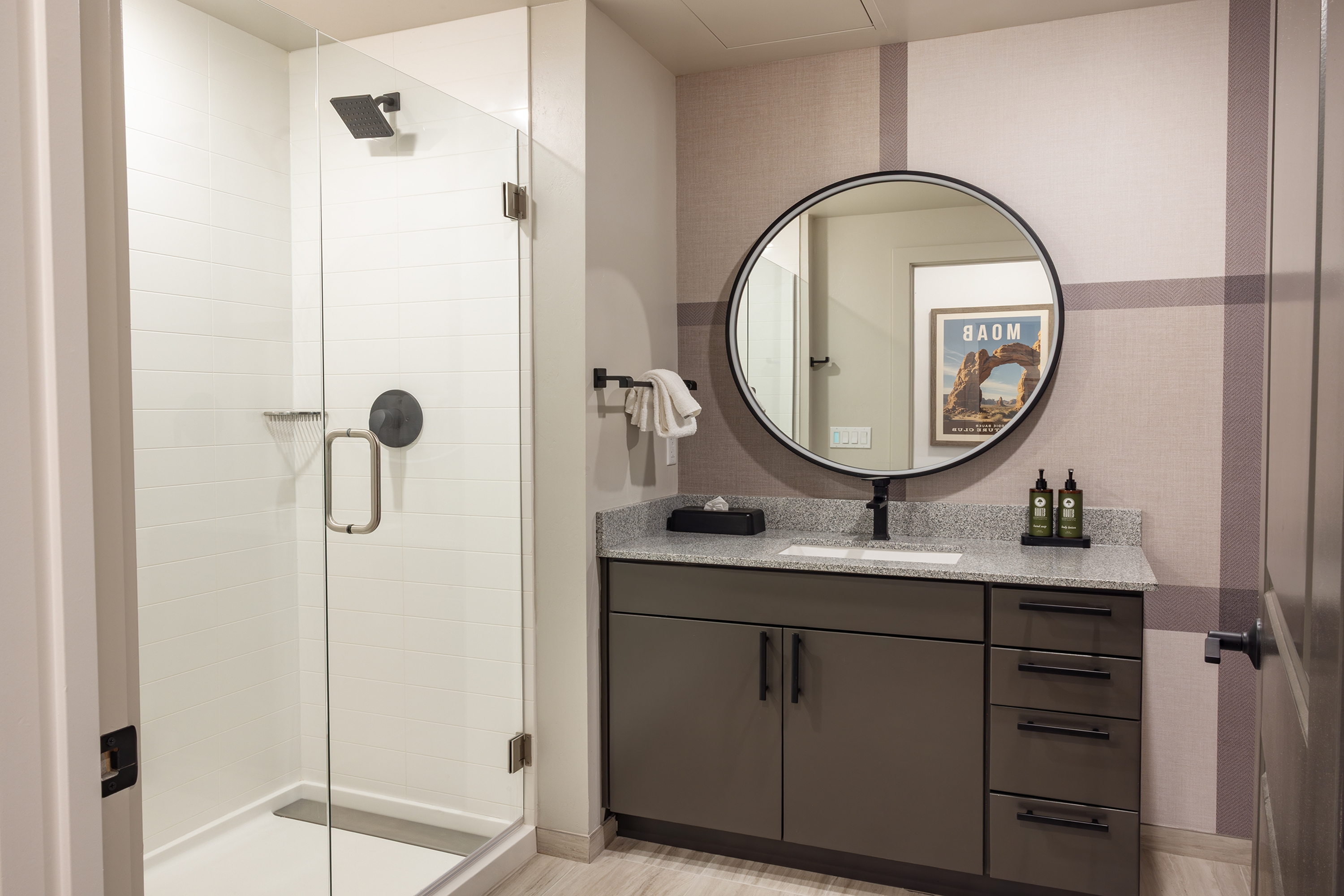 Guest room bath at the EBAC Moab in Moab, Utah