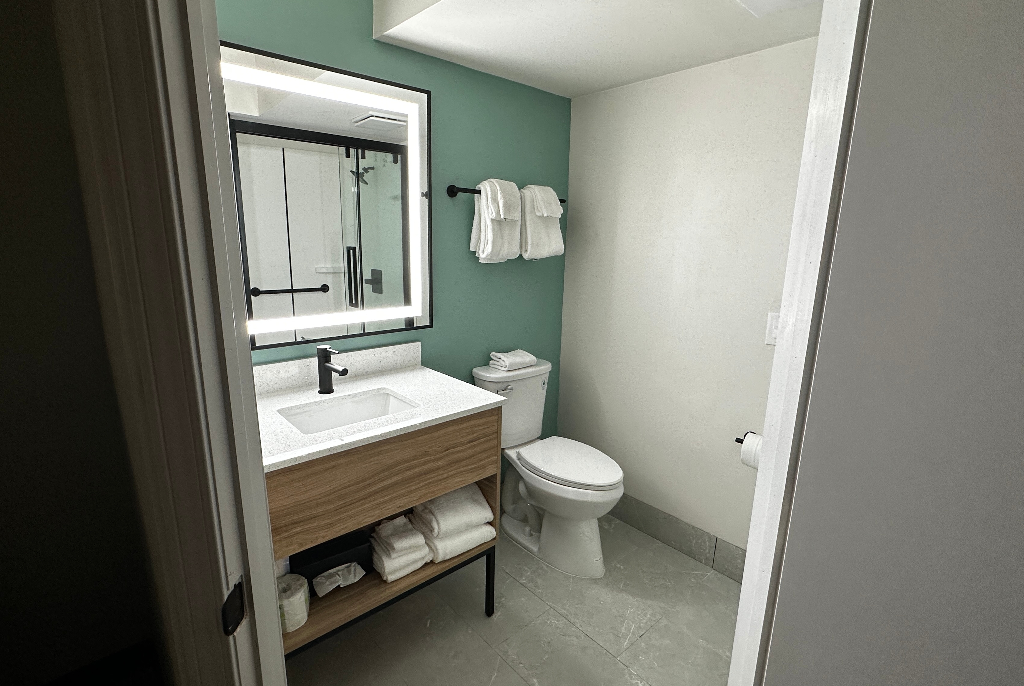 Guest room bath at the Wingate by Wyndham Myrtle Beach At Outlets in Myrtle Beach, South Carolina