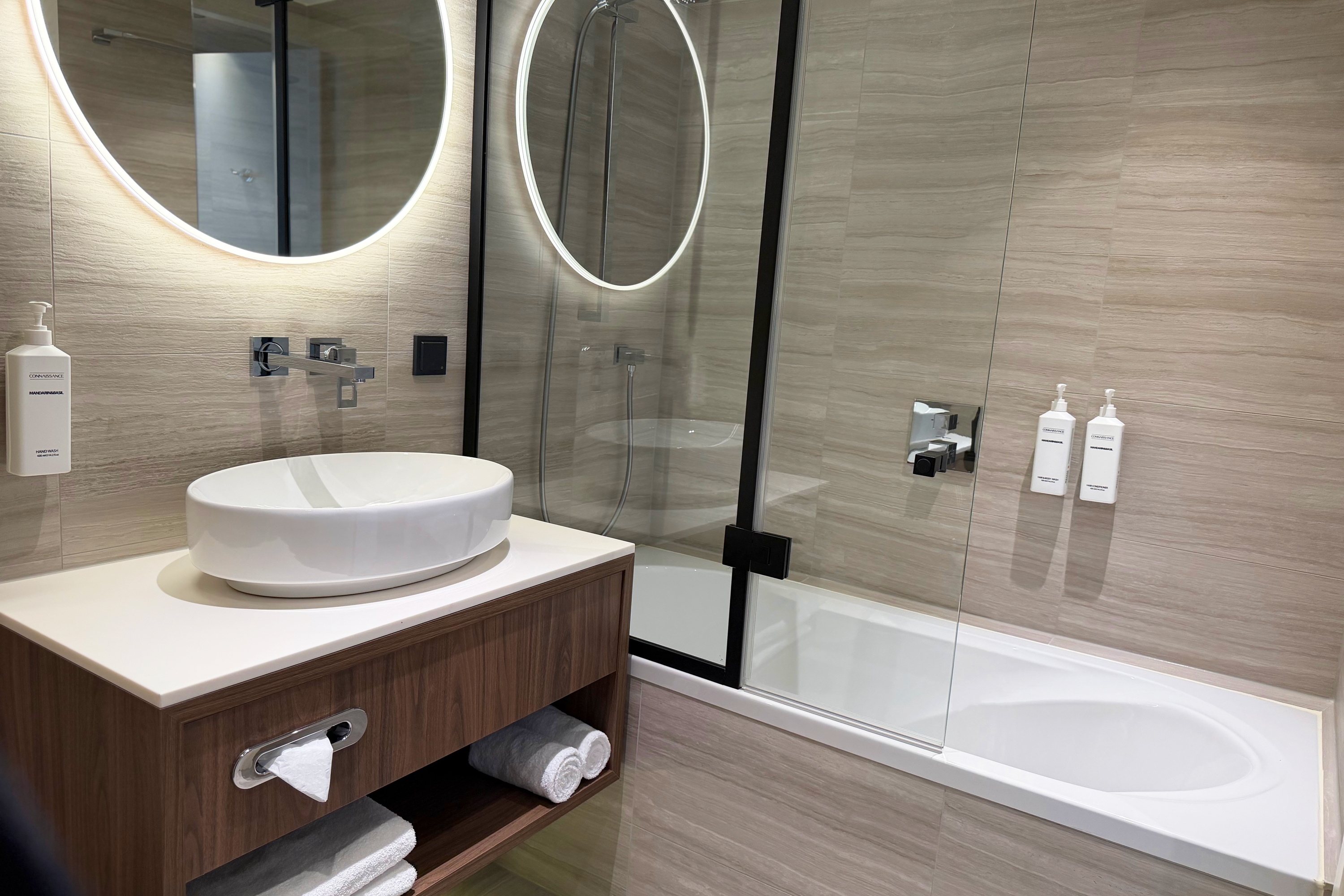 Guest room bath at the TRYP by Wyndham Badhotel The Hague Scheveningen in The Hague, Other than US/Canada