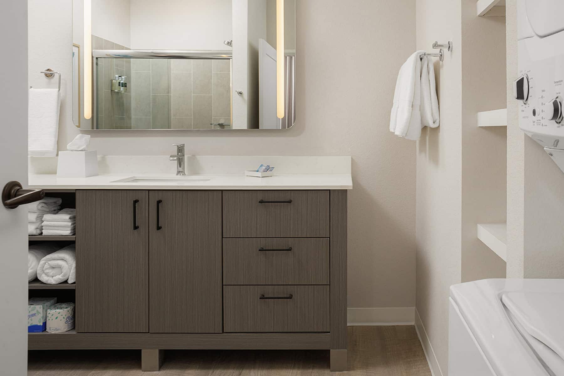 Guest room bath at the WaterWalk Extended Stay Huntsville in Huntsville, Alabama