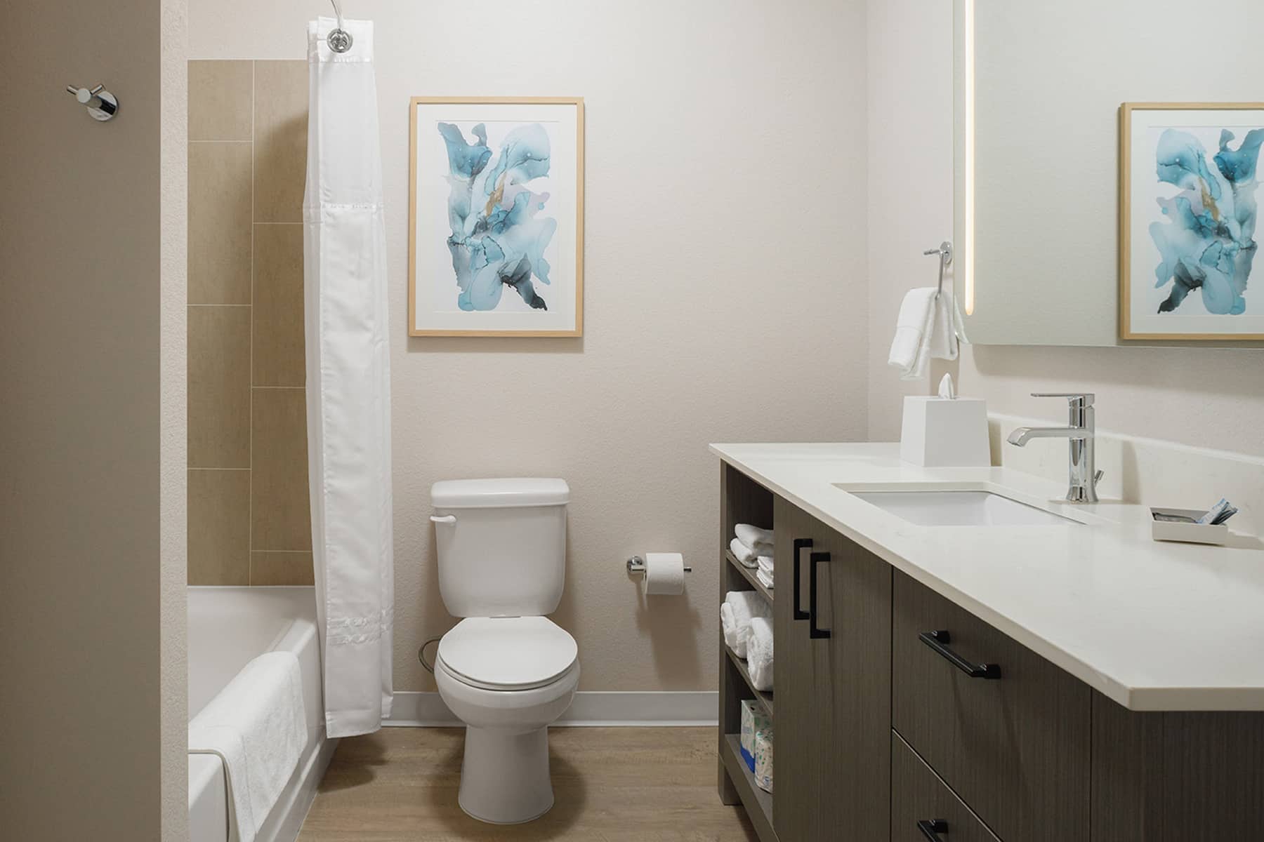 Guest room bath at the WaterWalk Extended Stay Jacksonville Deerwood Pk in Jacksonville, Florida