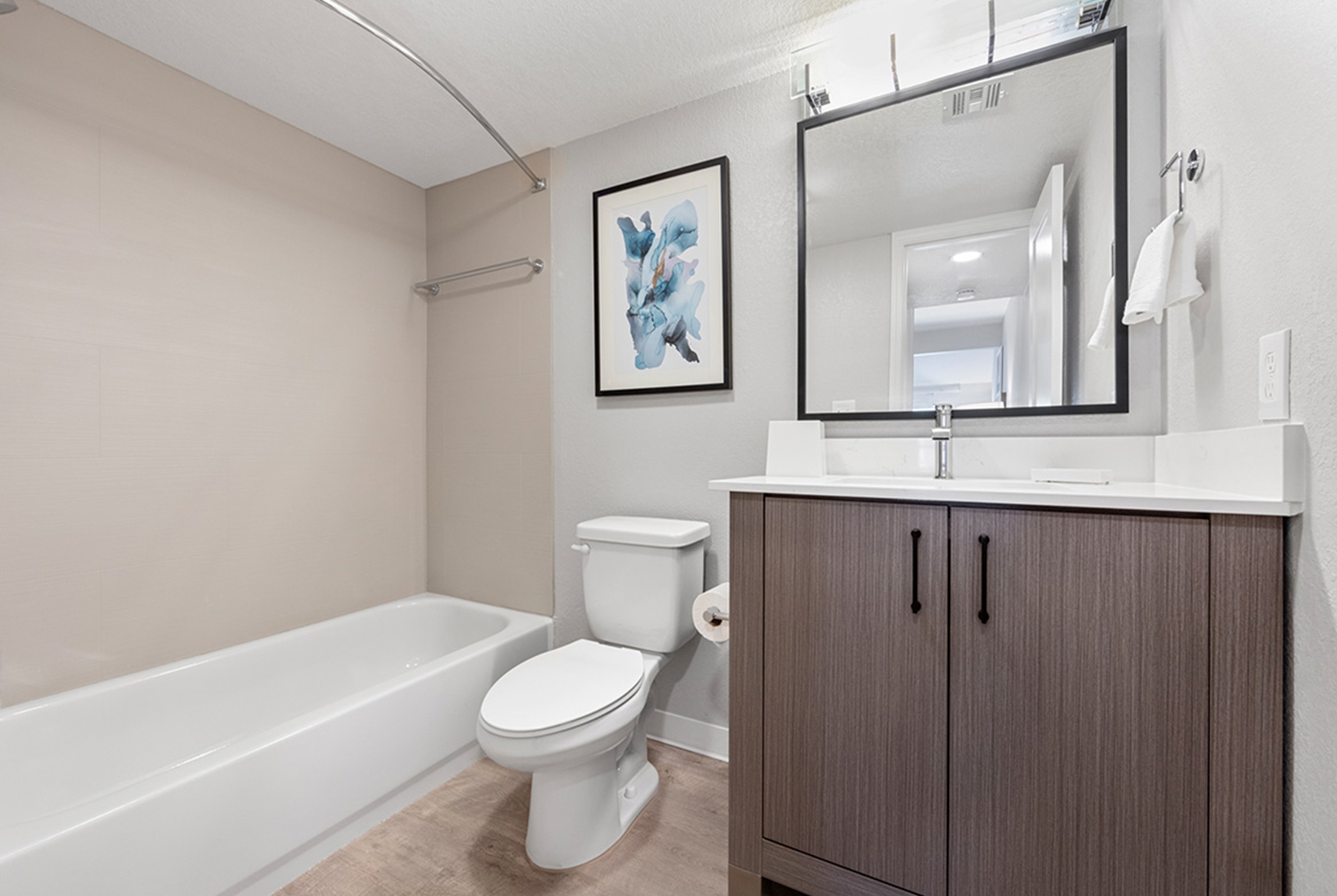 Guest room bath at the WaterWalk Extended Stay by Wyndham Atlanta Perimeter in Atlanta, Georgia
