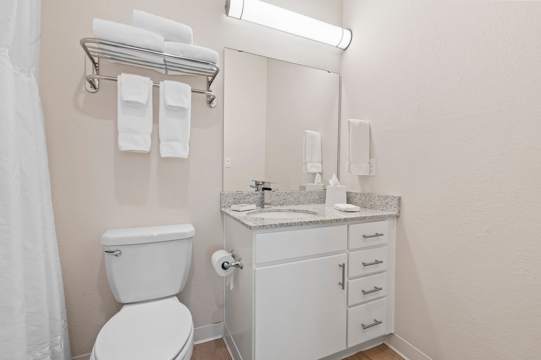Guest room bath at the WaterWalk Extended Stay Kansas City - Overland Pk in Overland Park, Kansas