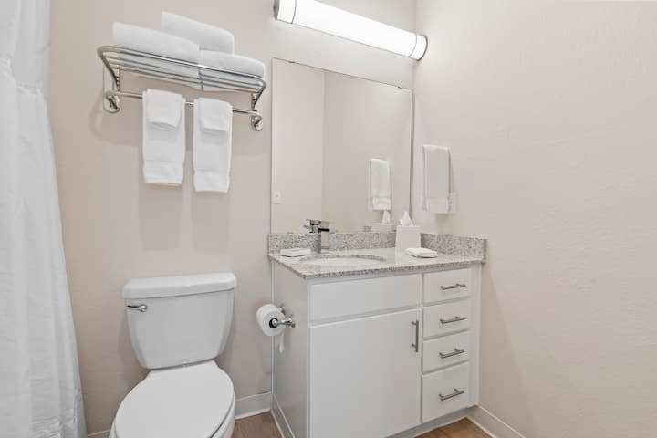 Guest room bath at the WaterWalk Extended Stay Kansas City - Overland Pk in Overland Park, Kansas