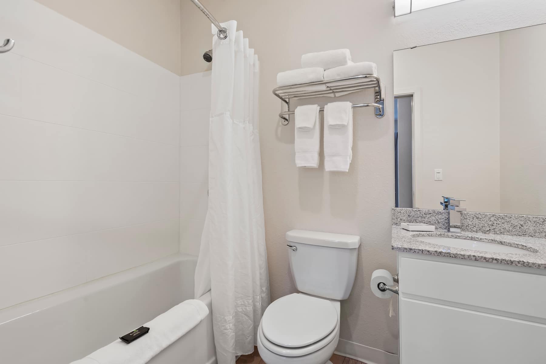 Guest room bath at the WaterWalk Extended Stay Kansas City - Overland Pk in Overland Park, Kansas