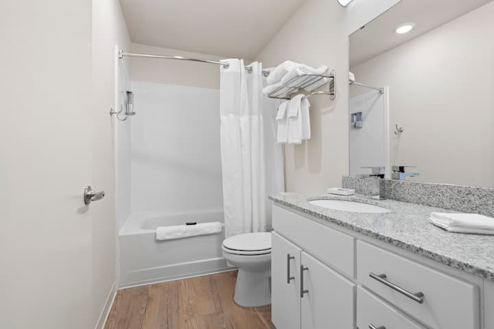 Guest room bath at the WaterWalk Extended Stay Kansas City - Overland Pk in Overland Park, Kansas