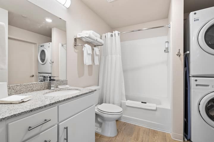 Guest room bath at the WaterWalk Extended Stay Kansas City - Overland Pk in Overland Park, Kansas