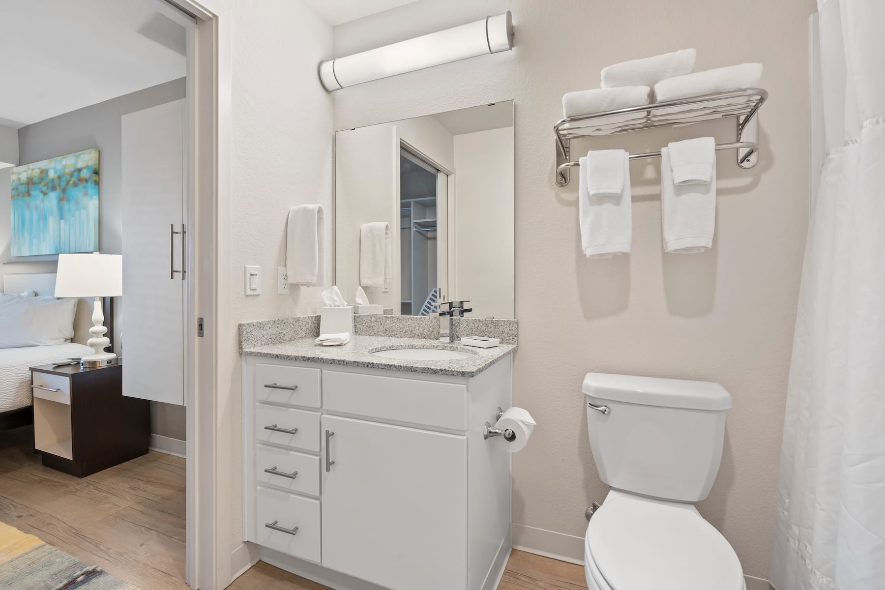 Guest room bath at the WaterWalk Extended Stay Kansas City - Overland Pk in Overland Park, Kansas