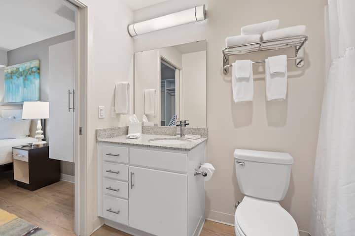 Guest room bath at the WaterWalk Extended Stay Kansas City - Overland Pk in Overland Park, Kansas