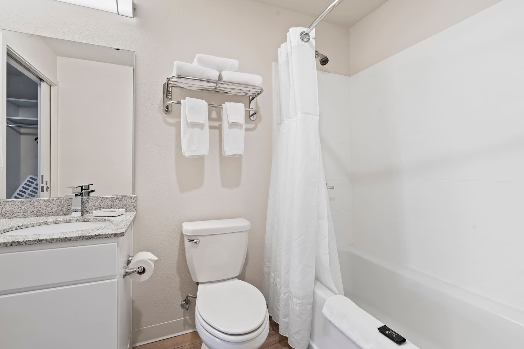 Guest room bath at the WaterWalk Extended Stay Kansas City - Overland Pk in Overland Park, Kansas