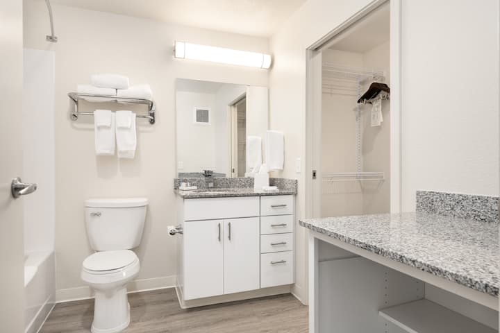 Guest room bath at the WaterWalk Extended Stay Minneapolis - Plymouth in Plymouth, Minnesota
