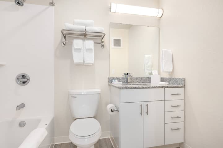 Guest room bath at the WaterWalk Extended Stay Minneapolis - Plymouth in Plymouth, Minnesota