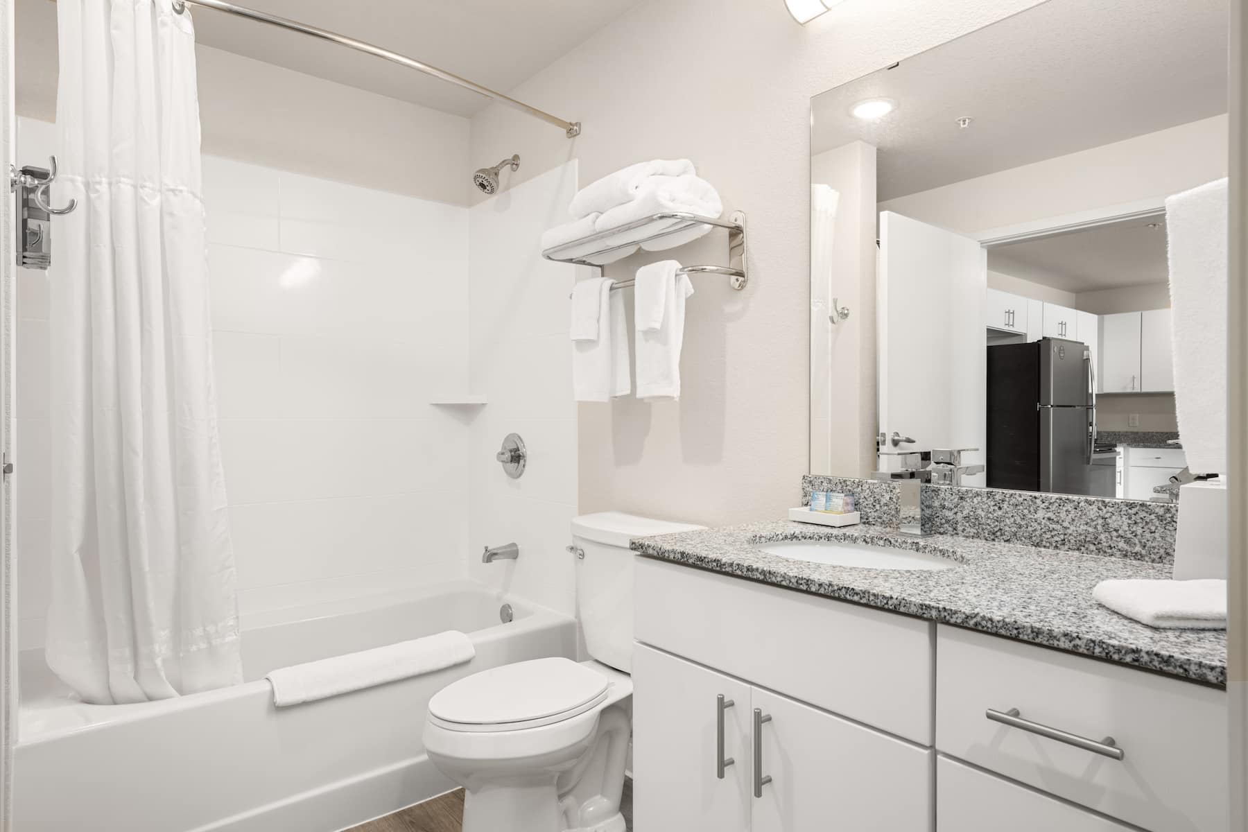 Guest room bath at the WaterWalk Extended Stay Minneapolis - Plymouth in Plymouth, Minnesota