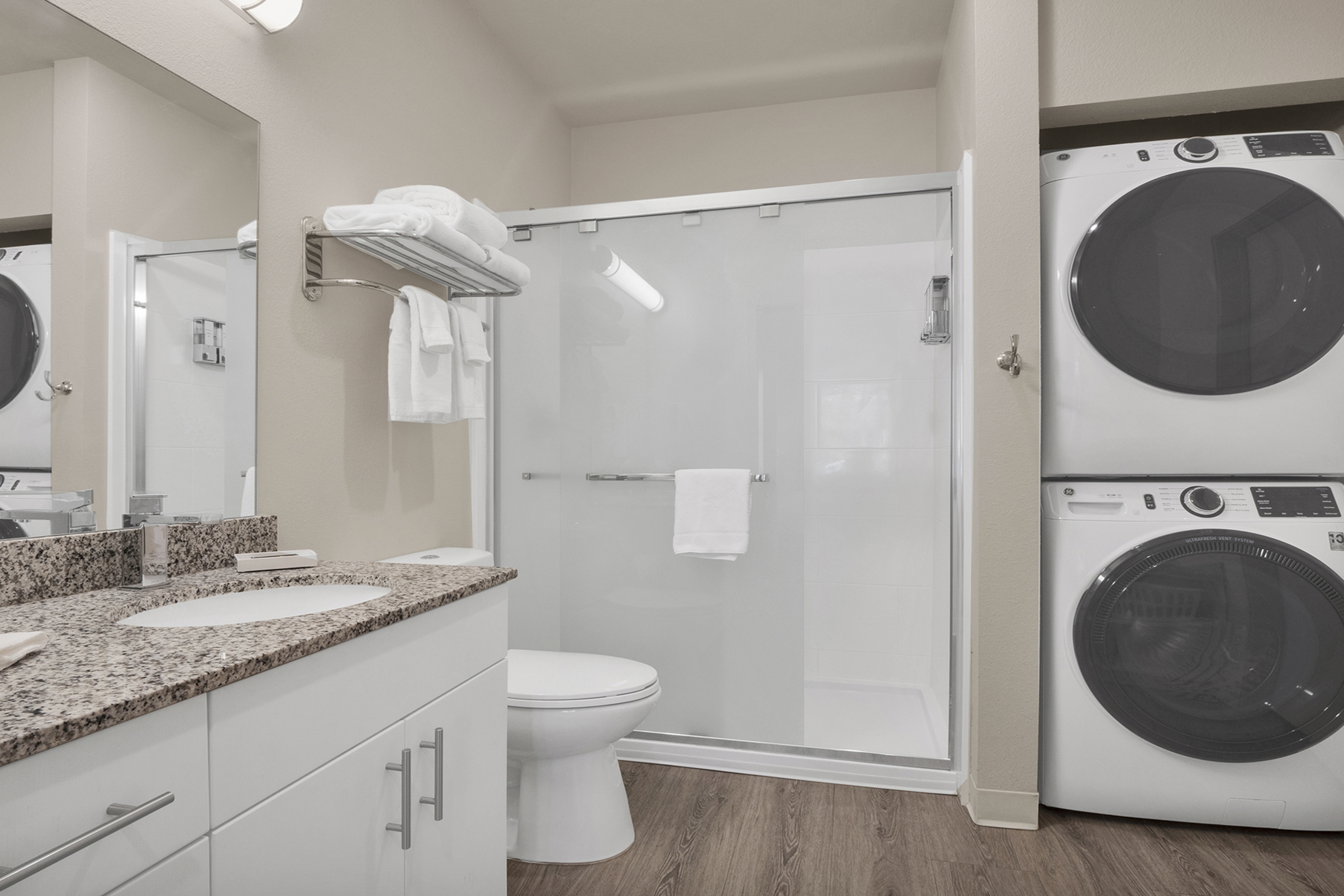 Guest room bath at the WaterWalk Extended Stay Raleigh Durham Research Triangle in Morrisville, North Carolina