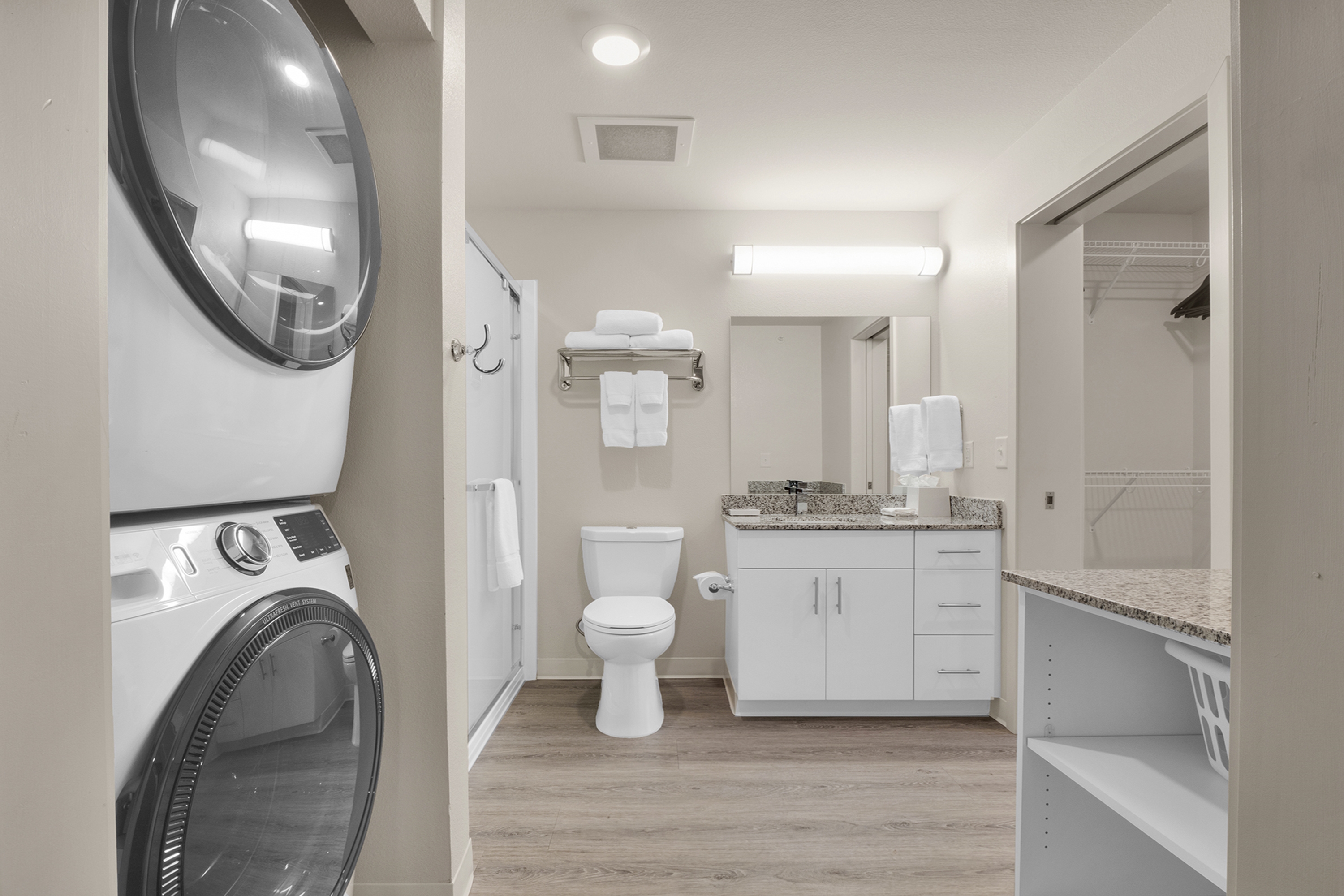 Guest room bath at the WaterWalk Extended Stay Raleigh Durham Research Triangle in Morrisville, North Carolina