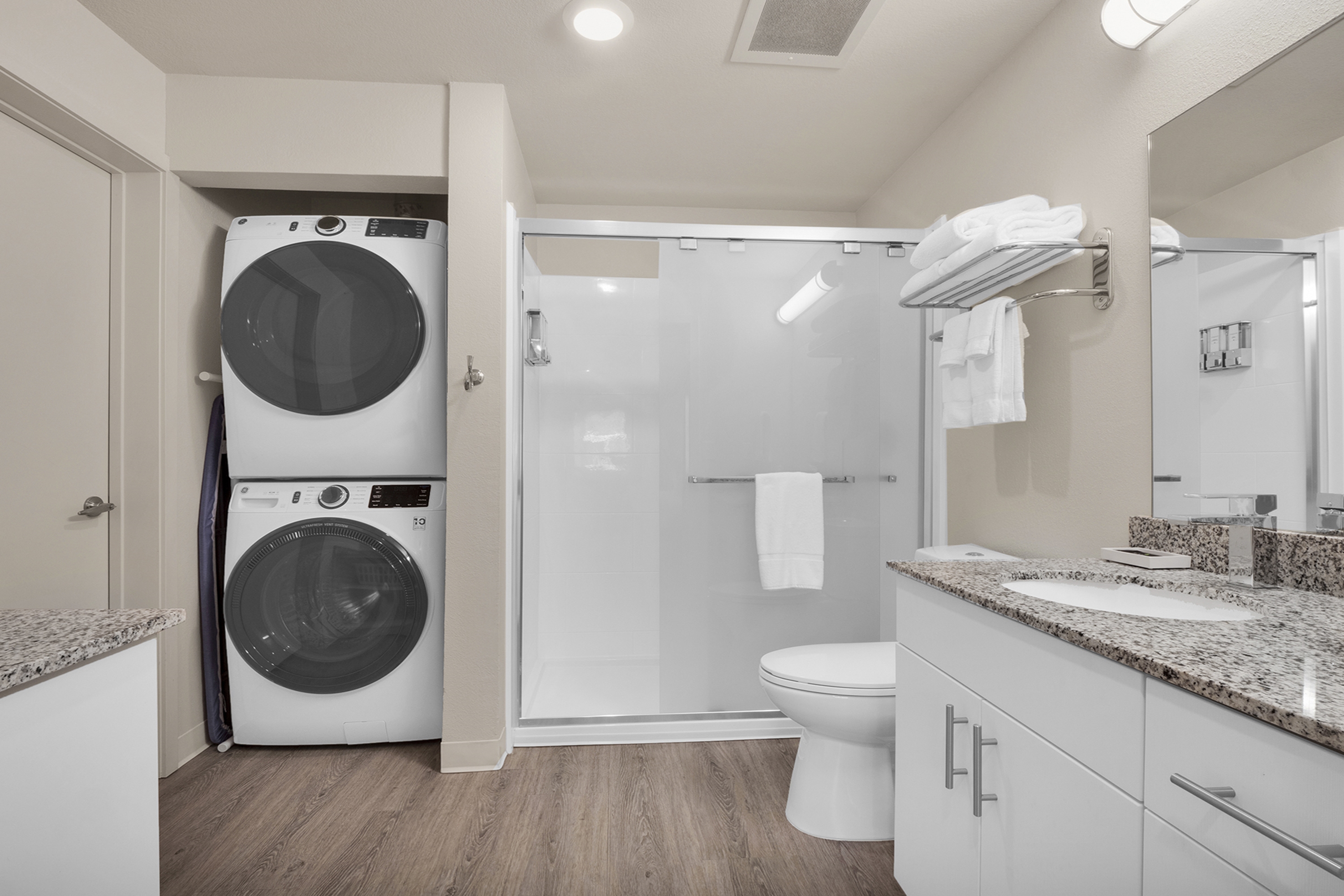 Guest room bath at the WaterWalk Extended Stay Raleigh Durham Research Triangle in Morrisville, North Carolina