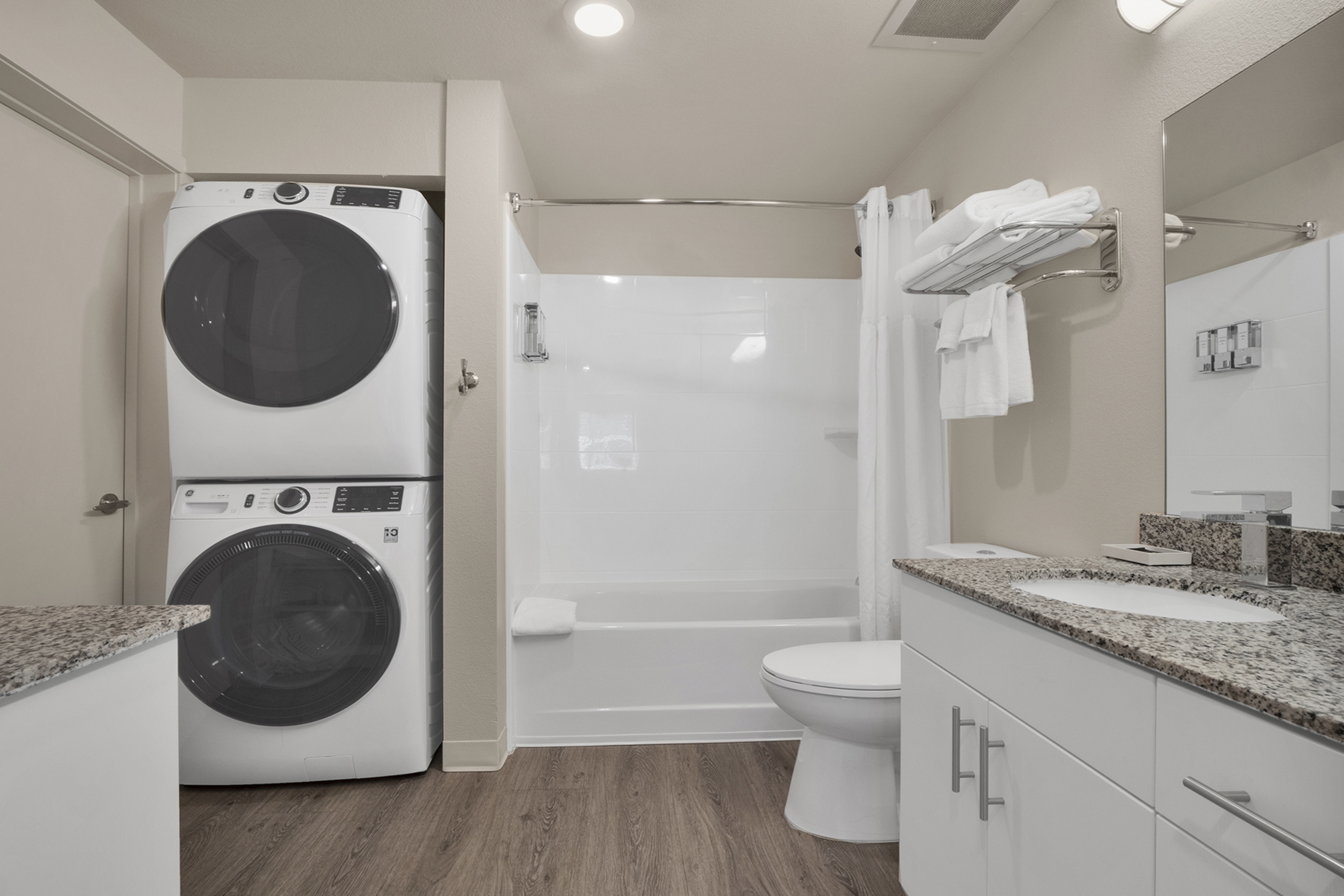 Guest room bath at the WaterWalk Extended Stay Raleigh Durham Research Triangle in Morrisville, North Carolina
