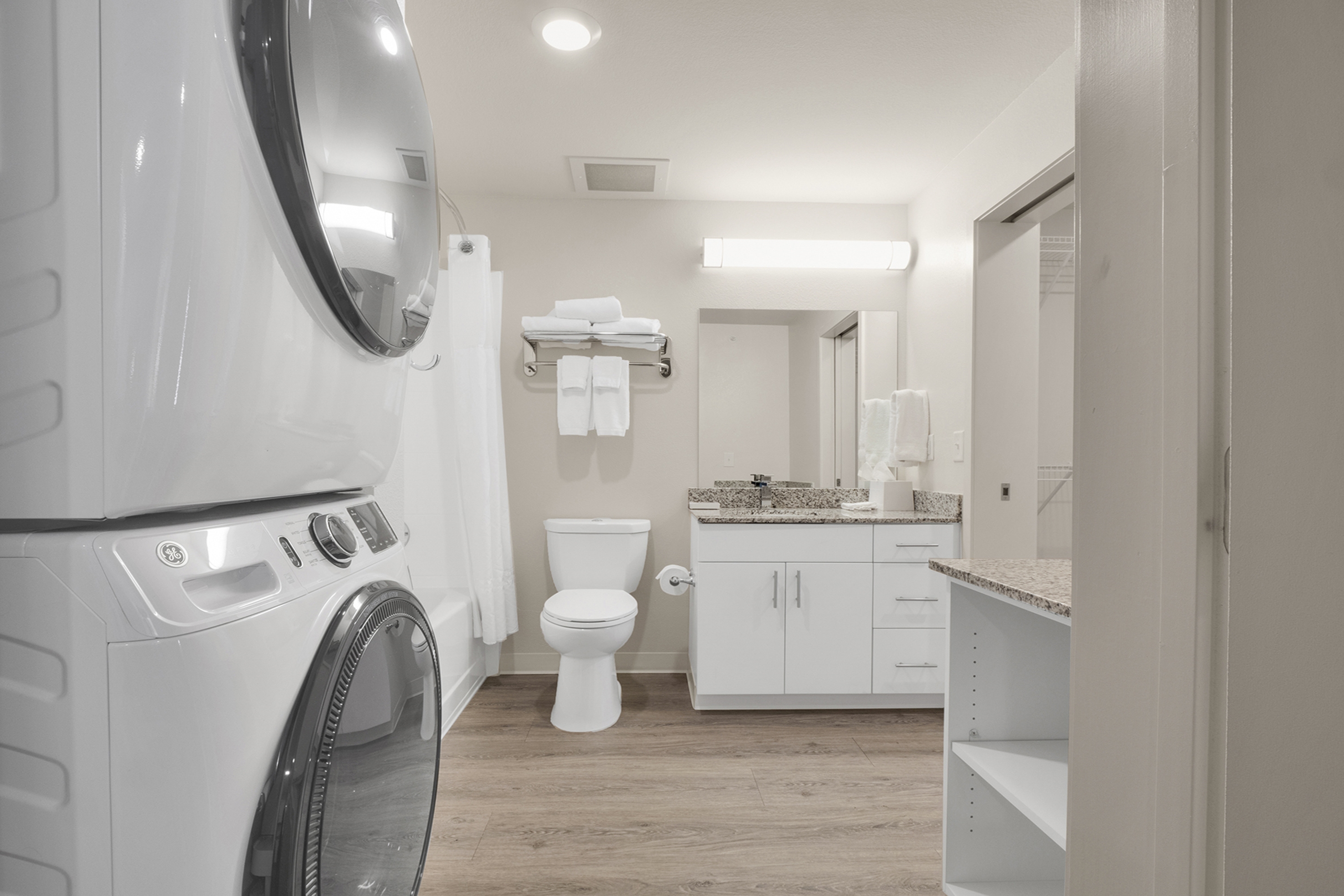 Guest room bath at the WaterWalk Extended Stay Raleigh Durham Research Triangle in Morrisville, North Carolina
