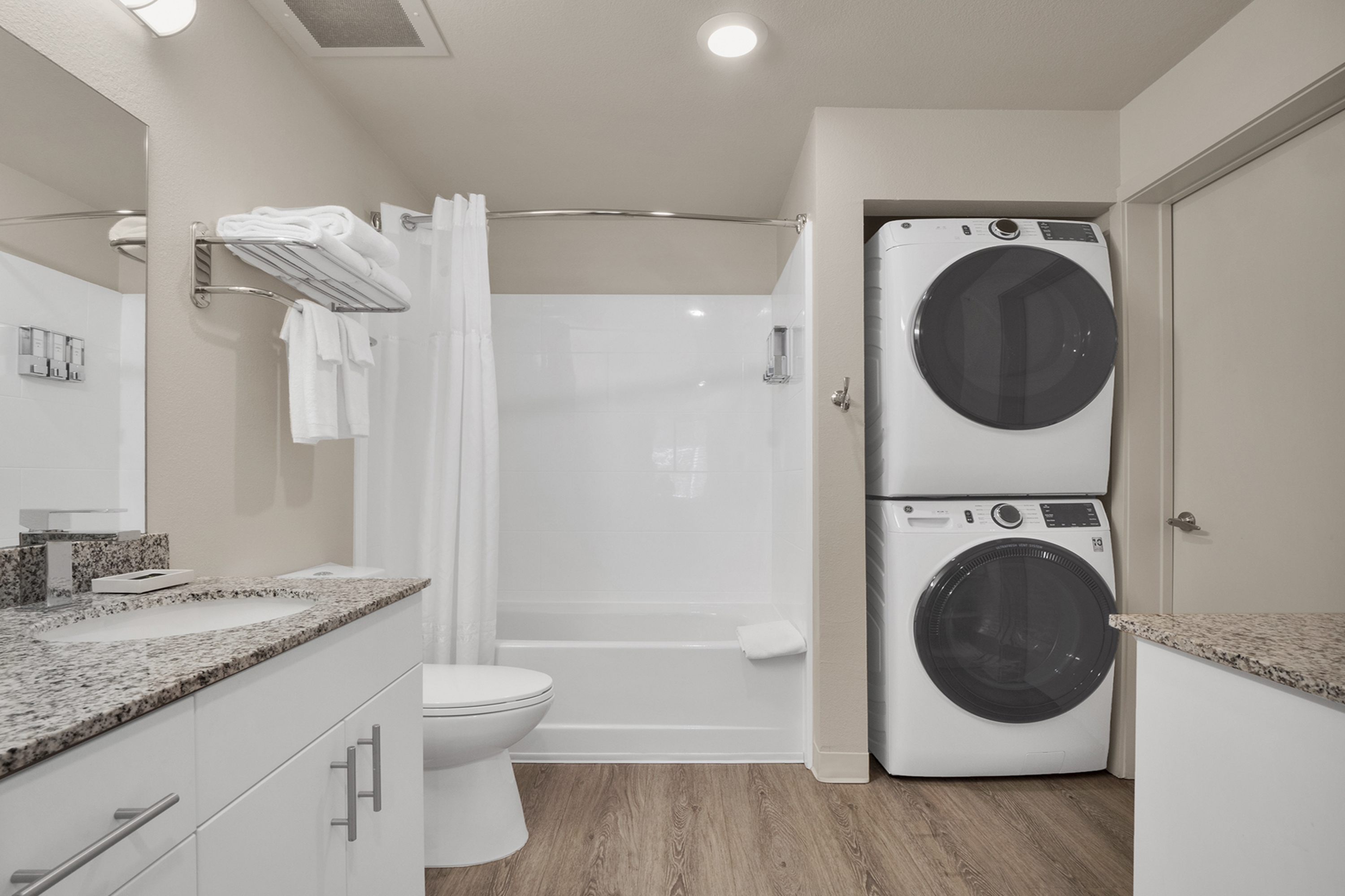 Guest room bath at the WaterWalk Extended Stay Raleigh Durham Research Triangle in Morrisville, North Carolina
