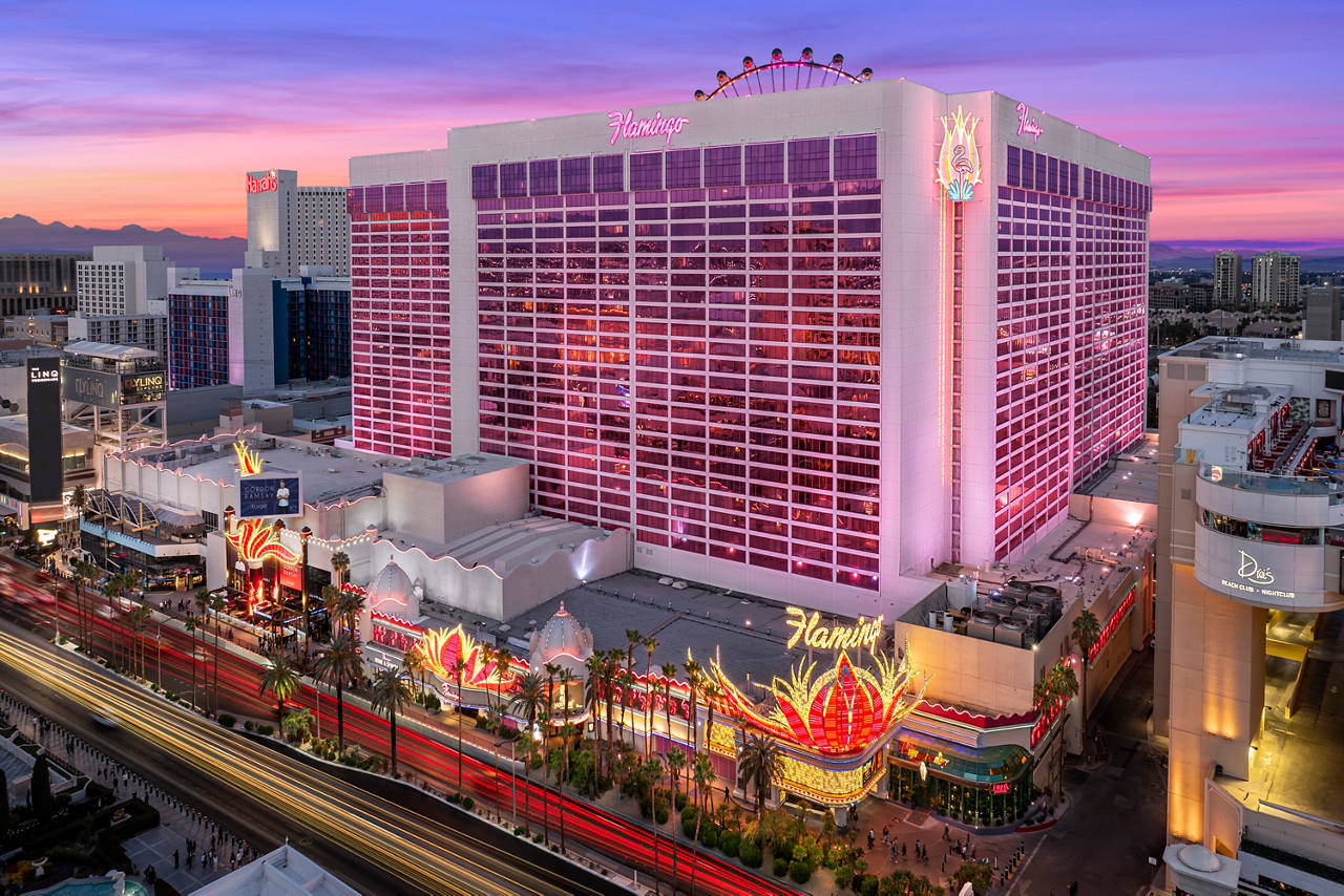 Aerial Exterior shot of Flamingo Las Vegas at Sunset.  March 2025